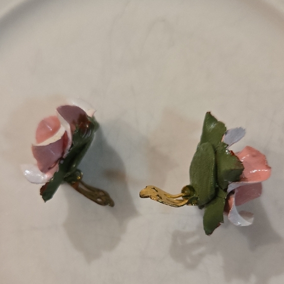 Vintage Rosette Clip Pink and Red Rose Earrings, Garden Party, Hamptons Chic - Picture 5 of 10